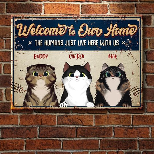 welcome-to-our-home-peeking-cats-funny-personalized-cat-metal-sign