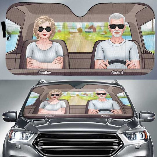 husband-wife-driving-on-road-personalized-auto-sunshade-gift-for-couples-husband-wife