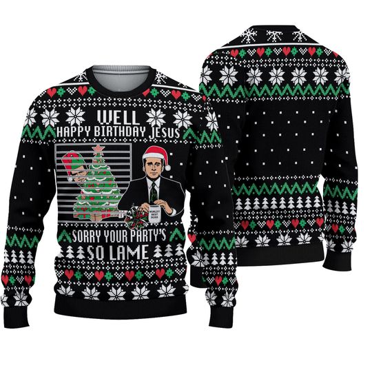 the-office-happy-birthday-jesus-sorry-your-partys-so-lame-ugly-christmas-3d-sweater