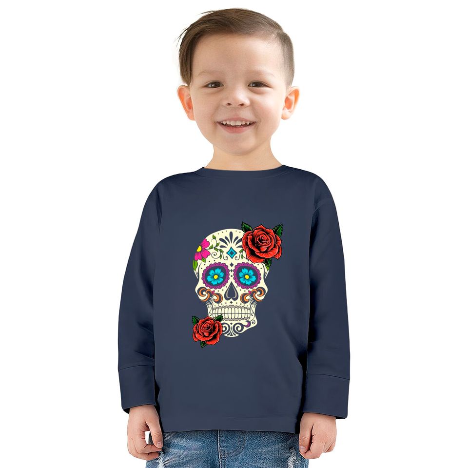 Dia De Los Muertos Floral Sugar Skull Tshirts For Women Girl  Kids Long Sleeve T-Shirts