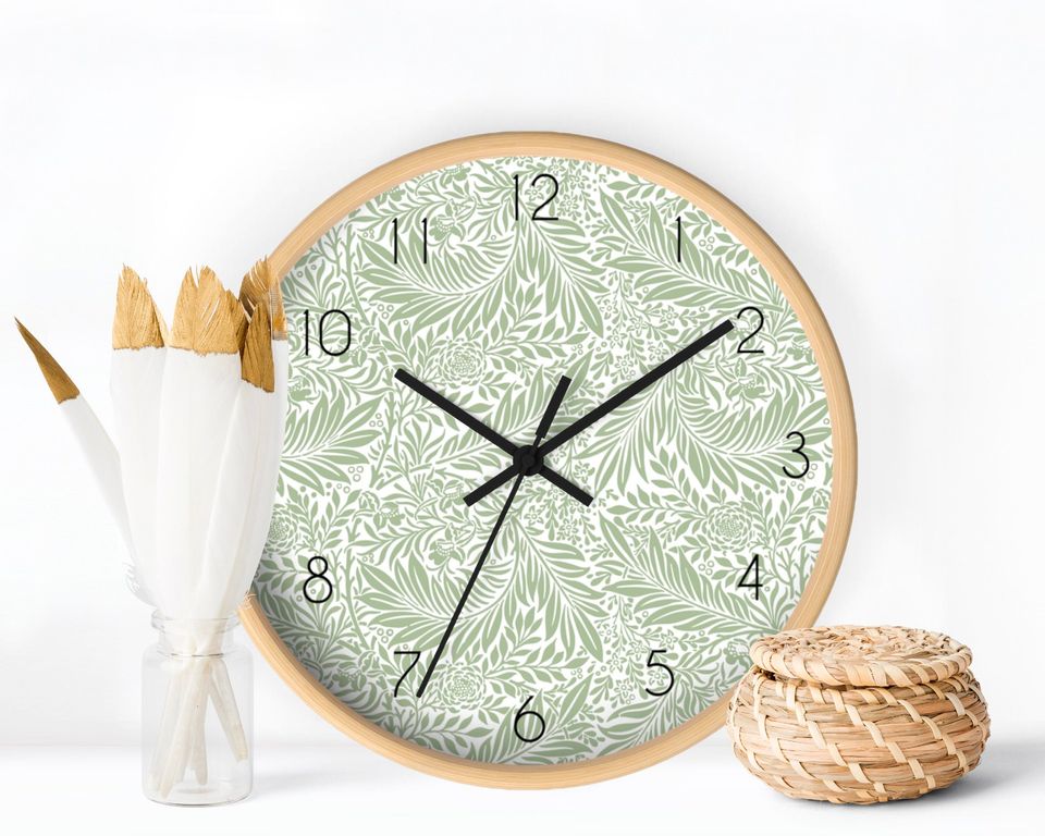 Botanical Clock, Sage Green Wall Clock, Minimalist Clock Wall