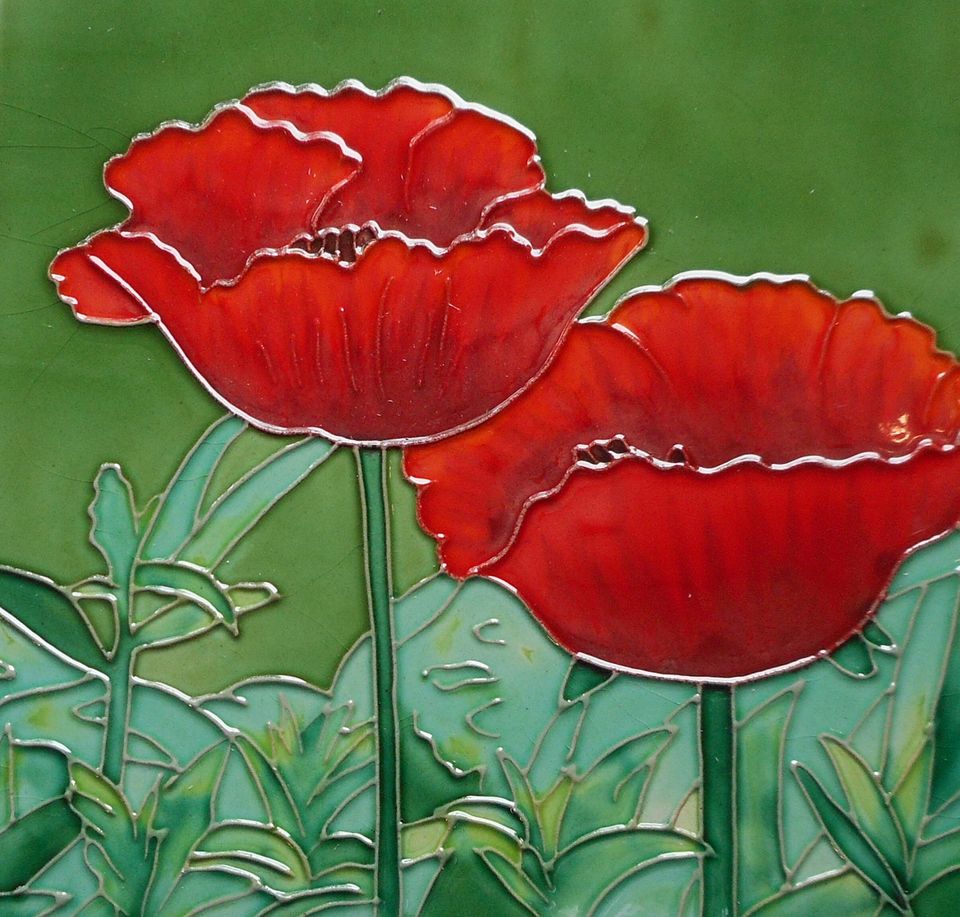 Poppies hand painted ceramic art tile 8 x 8 inches with easel back