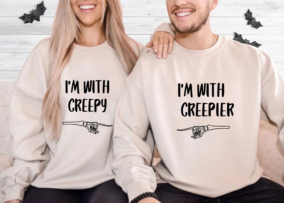 I Am With Creepy, I Am With Creepier Sweatshirt, Couple Matching Shirts, Halloween Humor, Spooky Couples, Skeleton Hands, Creepy Season Tops