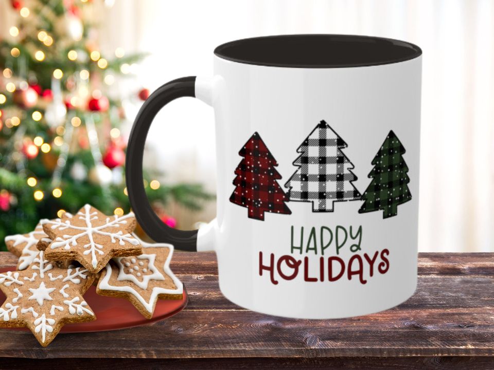 Plaid Christmas Cut Out Trees Two Toned Accent Coffee Mug