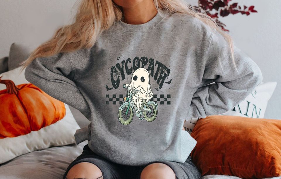 Cycopath Sweatshirt, Ghost Riding Bicycle Shirt, Halloween Party Outfit, Trick Or Treat, Boo Crew, Spooky Ghost Sweater, Scary Season Gift