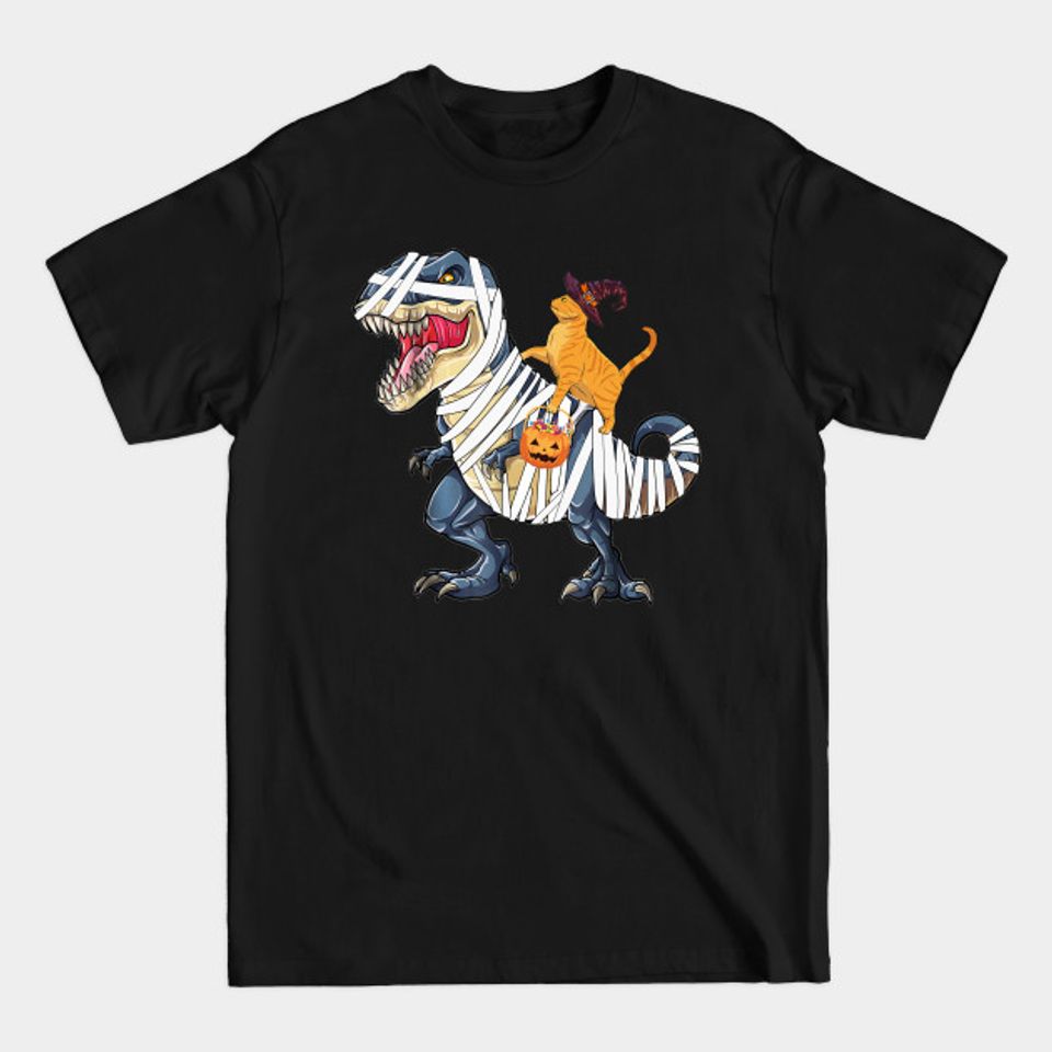 Cat Witch Riding T-Rex Funny Halloween - Halloween - T-Shirt