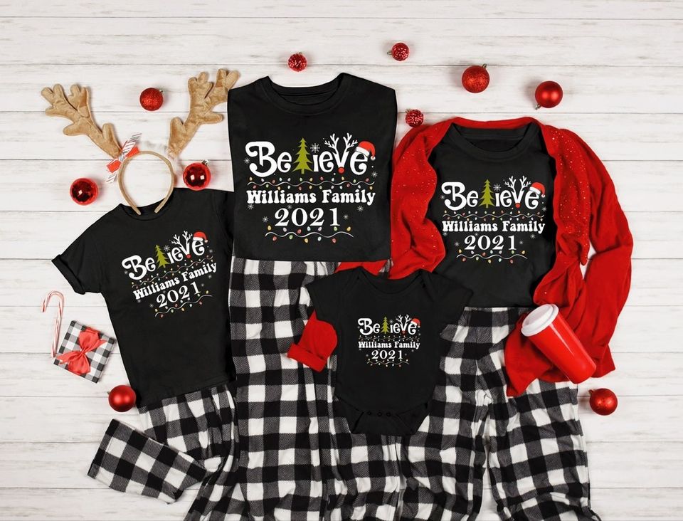 Personalized Family Christmas Person Name Custom Christmas Believe Family Matching T-Shirt