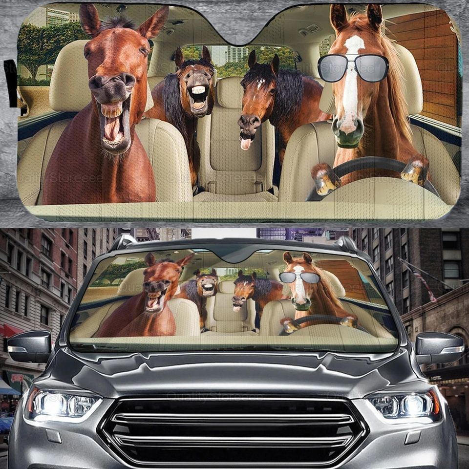 Horses Family Driving Car Sunshade, Funny Horses Car Sunshade