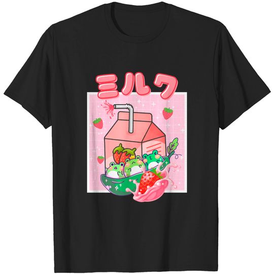 Cottagecore Kawaii Frog Strawberry Milk Retro 90s Tee T-Shirt