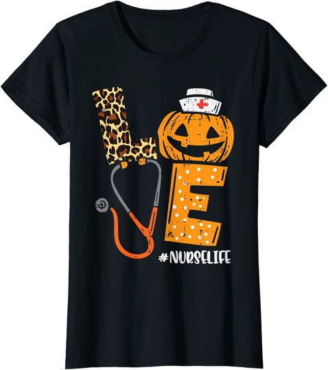 Womens Love Nurse Life Pumpkin Leopard Fall Halloween  T-Shirt