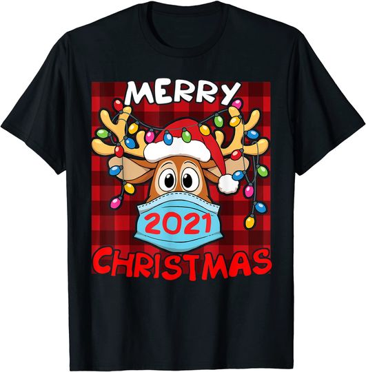 Reindeer In Mask Matching Family Pajama Merry Christmas 2021 T-Shirt
