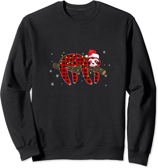 Red Plaid Sloth Christmas Lights Santa Hat Pajamas Sweatshirt
