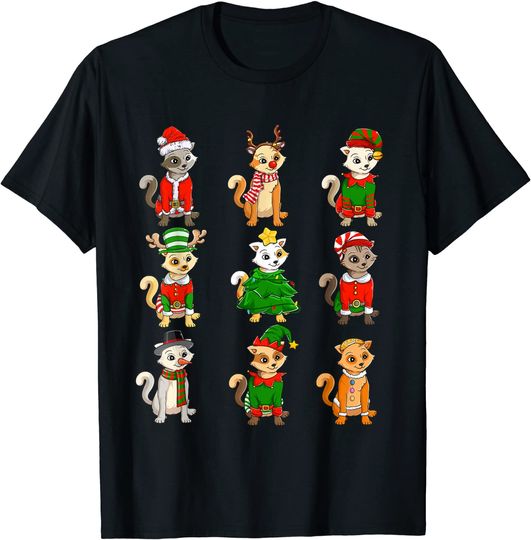 Santa Cat Christmas Tree Lights ELF Reindeer T-Shirt