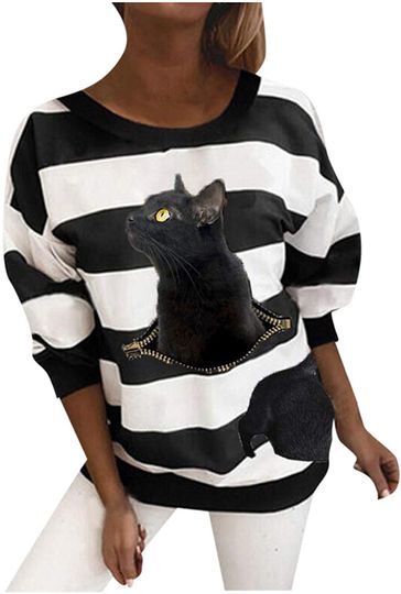 3D Cat Sweatshirt Casual Round Neck Stripe Long Sleeve Sweater Tops Blouse